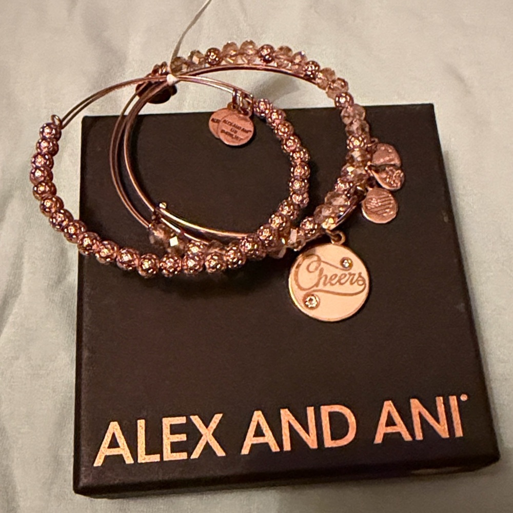 NEW SET Alex and Ani Cheers Charm Bracelet Rose Gold GIFT BOX CHAMPAGNE BEAD NWT - Picture 8 of 12